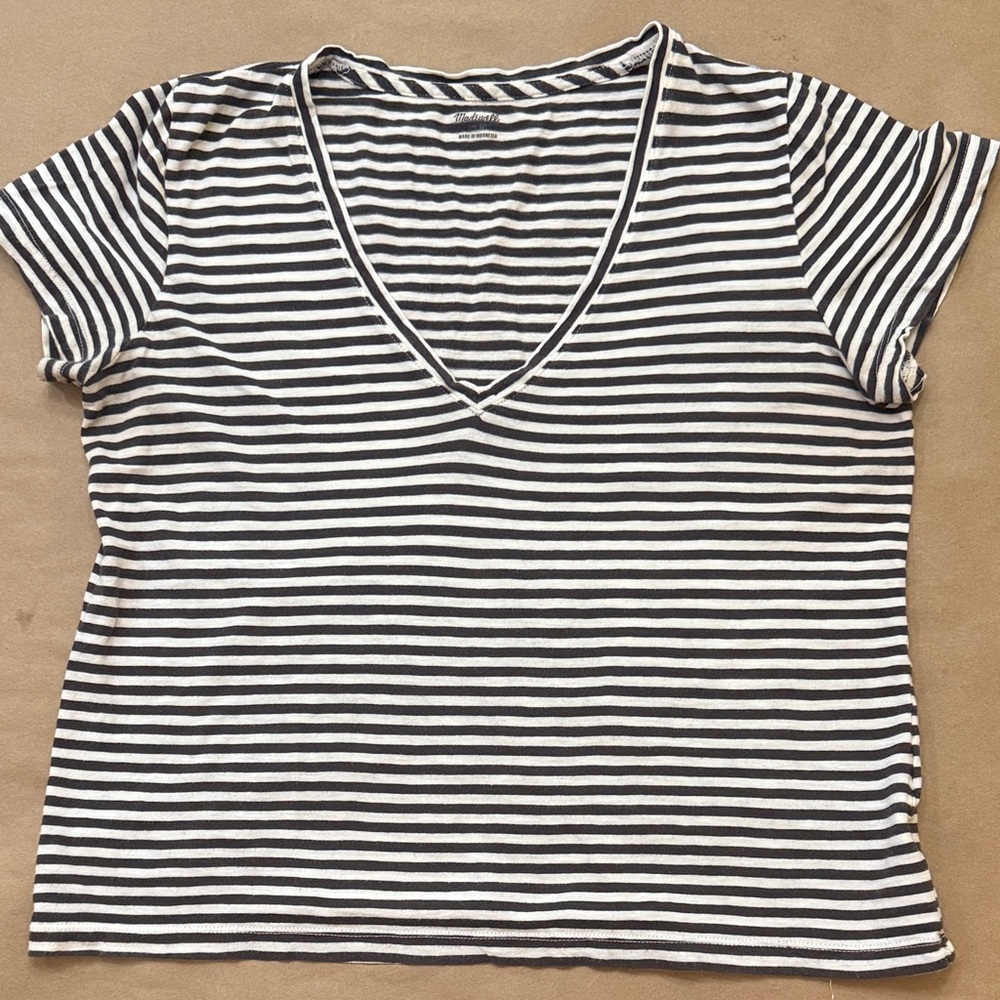 Madewell Black and White Striped V-Neck Tee
